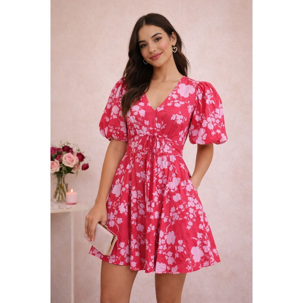 VICI Emaline Puff Sleeve Pink Floral Mini Dress NWT Valentine’s Day Date Sz (M)